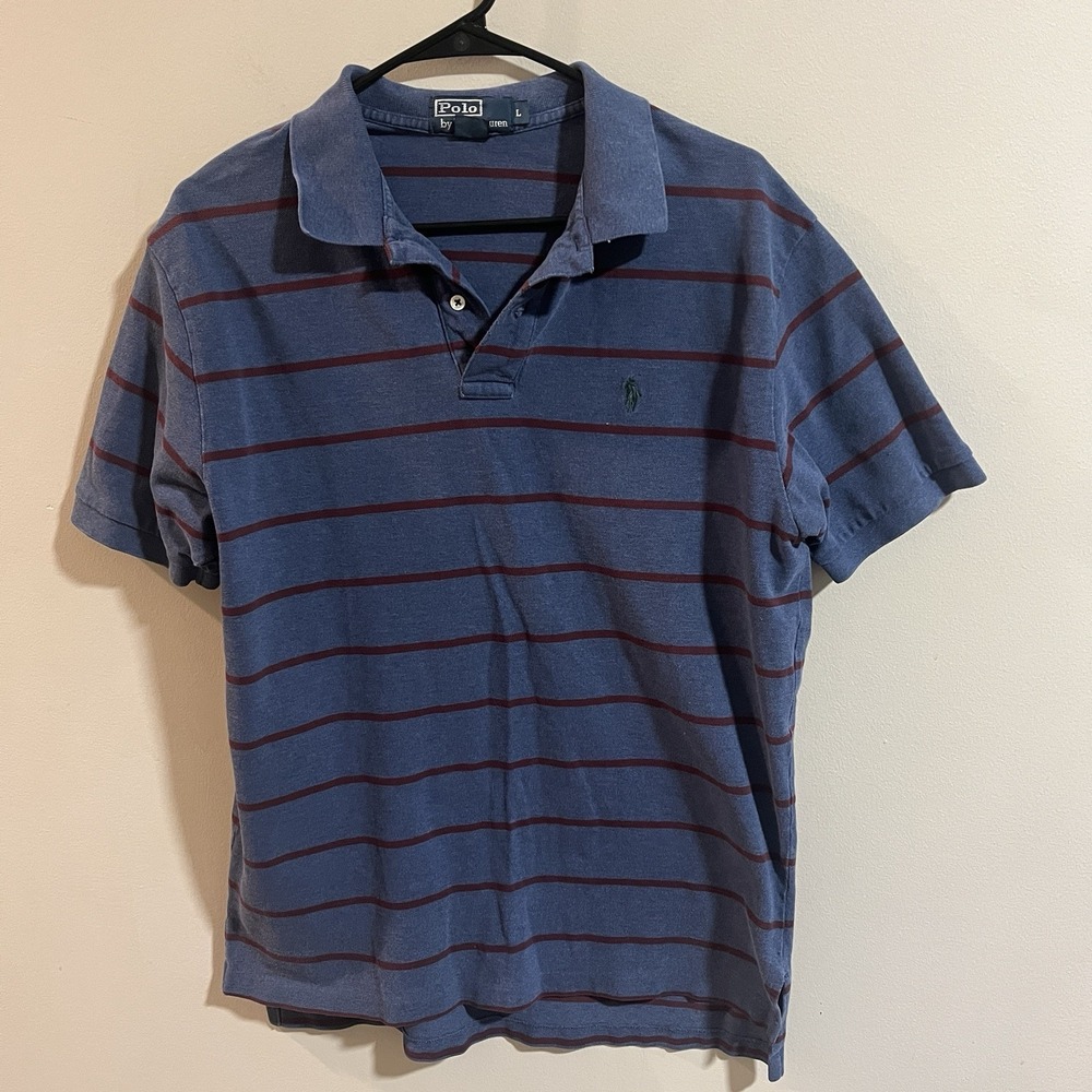 Ralph Lauren Polo Shirt Mens L Blue Striped Pony Rugby‎ Pullover Cotton Preppy